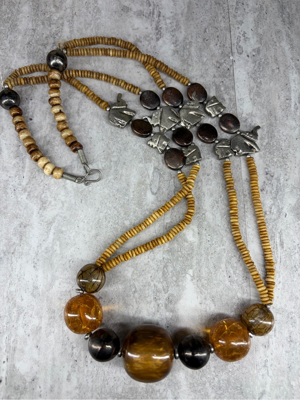 Vintage Boho Necklace Elephant Beaded Jewelry Tribal Stone Acrylic Metal